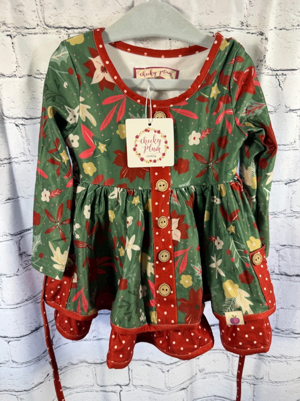 cheeky plum Christmas Green Floral Dress with Red Polka-Trim